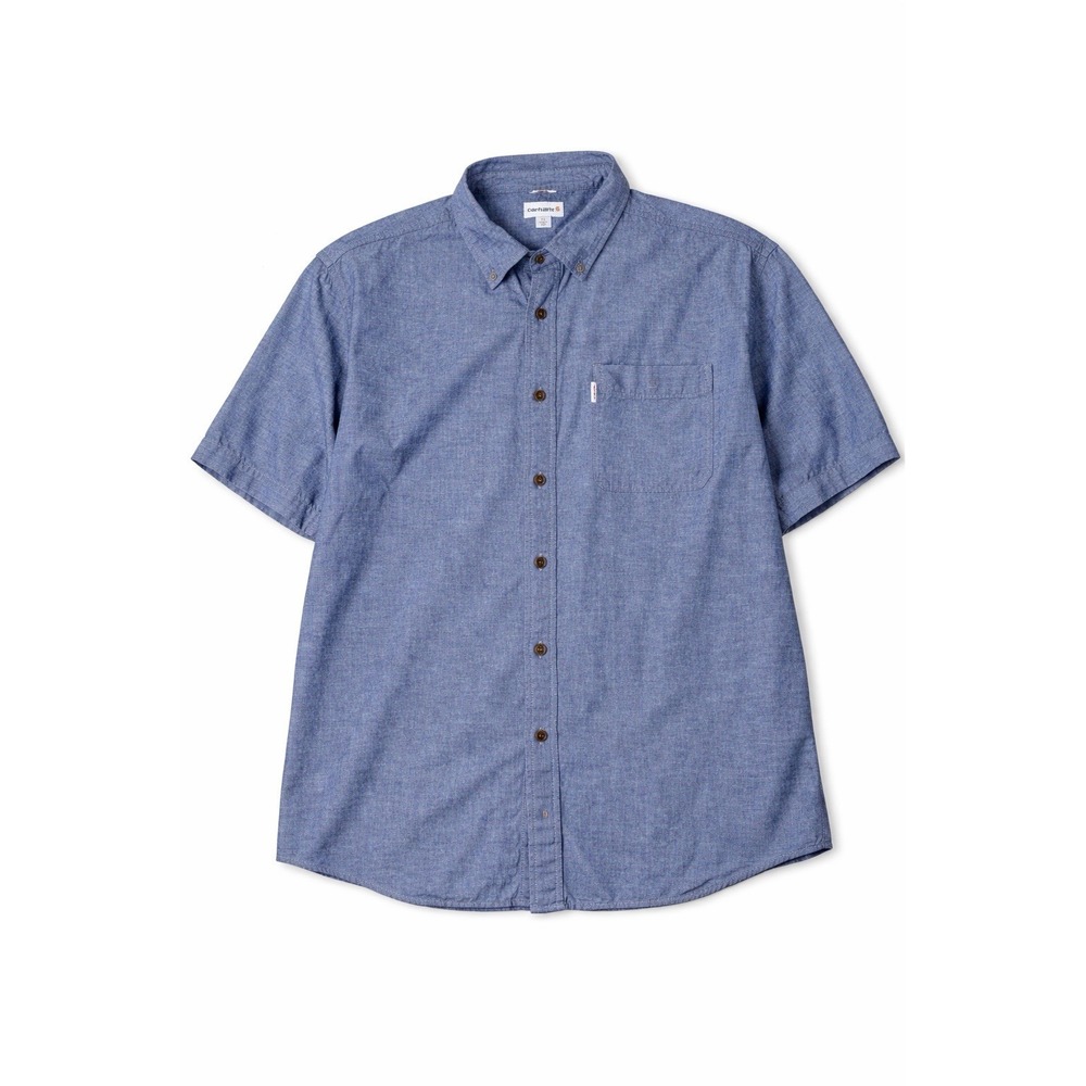 Carhartt Button Down Shirt Men 2XL Blue Chambray Work Shirt Short Sleeve Pocket